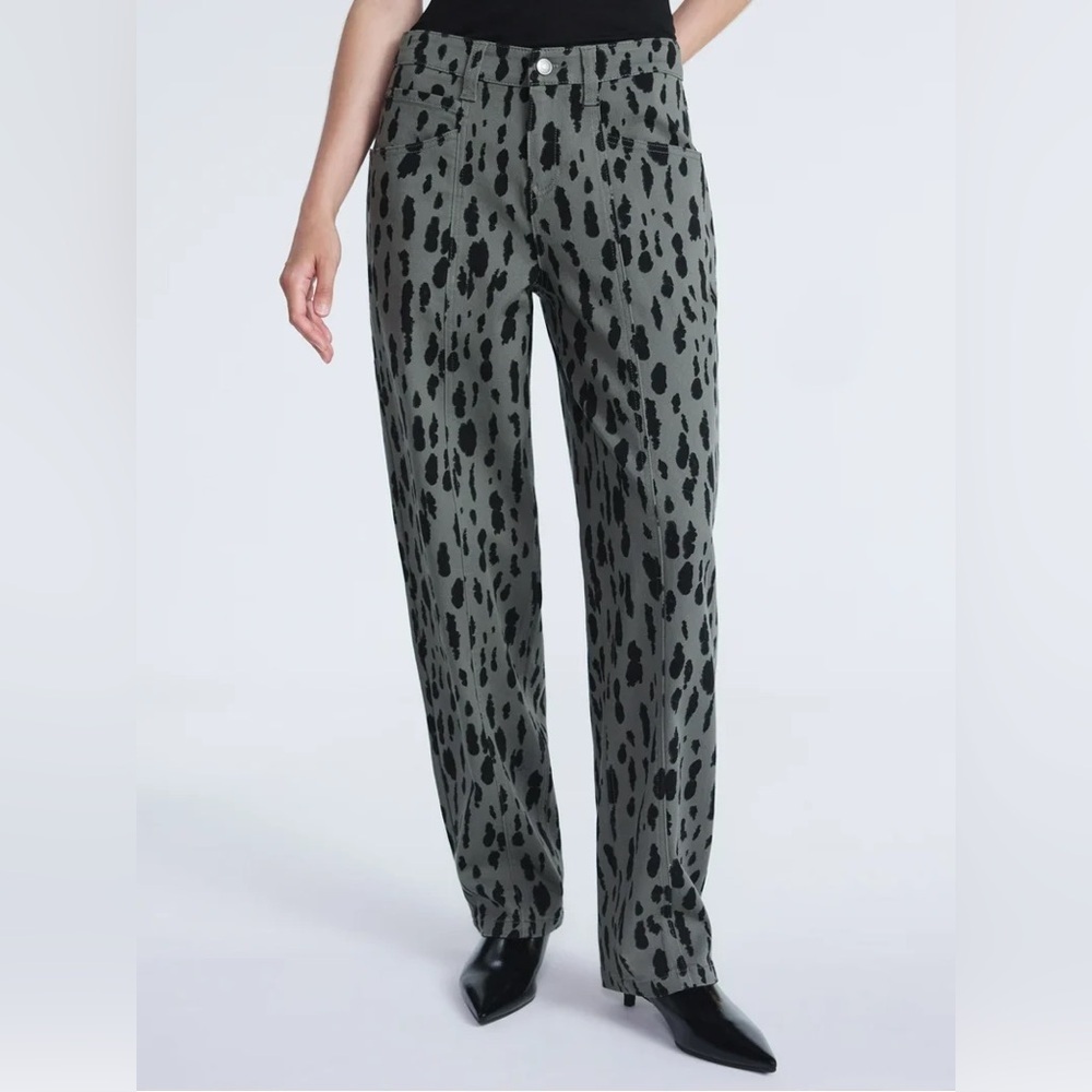 NWT Scoop Seamed Denim Barrel Jeans Wide Leg High Rise Leopard Print Olive SZ 6